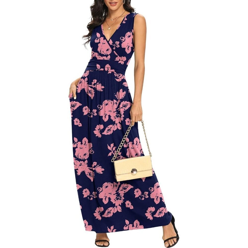 WomenNavy Blue Rose Deep V Neck Sleeveless Loose Plain Casual Long Maxi Dress